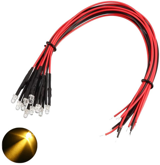 3V 3파이 옐로우 라운드 와이어 케이블 LED DIY 전자실습 모형용 차량 튜닝 실험 조명 부품, 10개