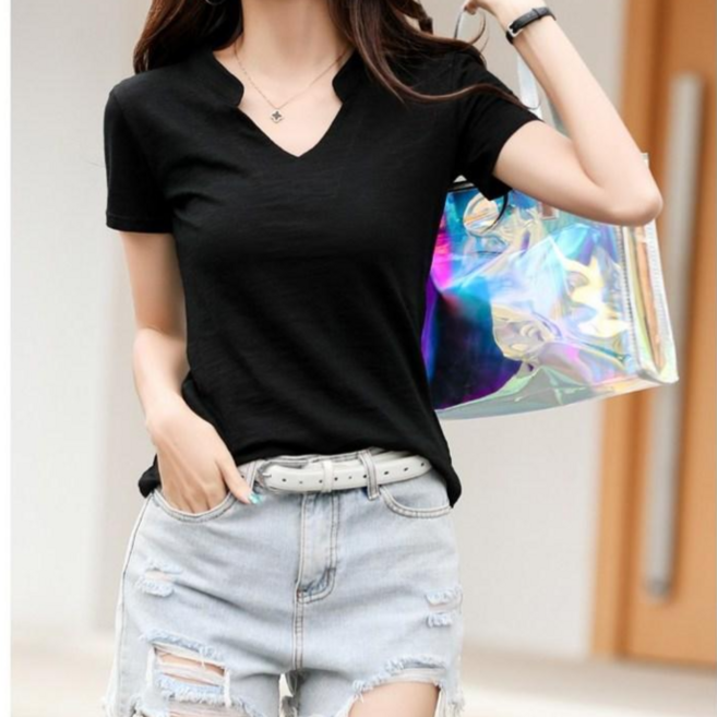 체인지쉬(change she) 여성 심플 브이넥 슬림핏 반팔 면티