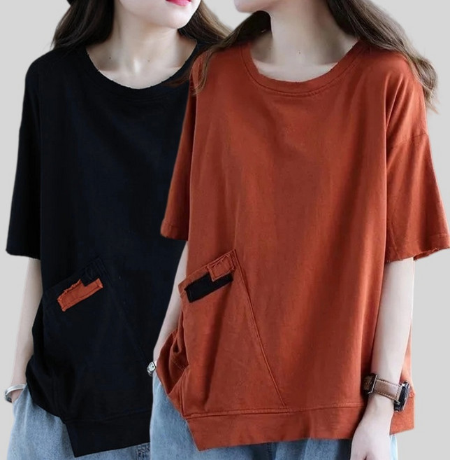 천하오 1+1 면 100% 여성용 5부소매 오버핏 티셔츠 L2122