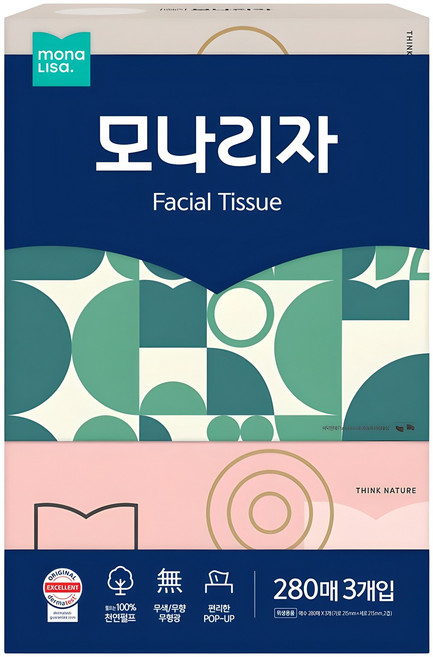 모나리자 천연펄프 미용티슈 2겹, 280매, 3개