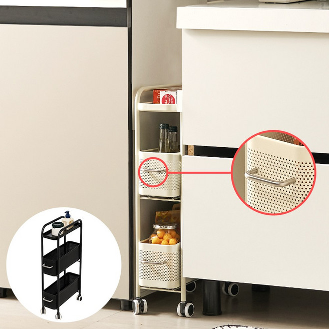 동화속나무 슬라이드 세탁실 트롤리형 이동식 틈새수납장, 화이트, 3단