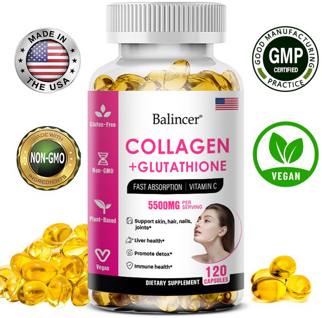 글루타치온 콜라겐 보충제로 비타민C가 풍부하여 모발 피부 손톱 건강 항산화 작용을 도와줍니다, 1개, 60회분