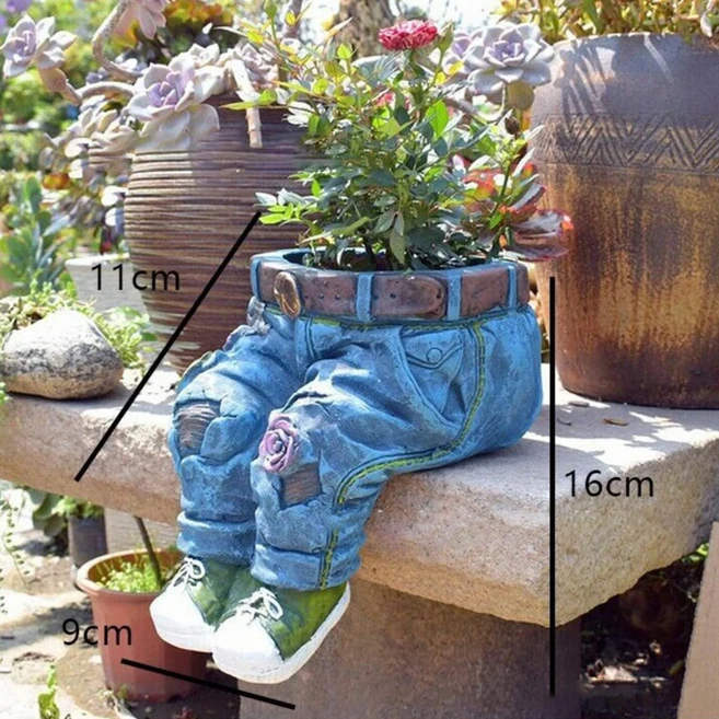 1Pc 청바지 모양 화분 동상 즙이 많은 꽃 재배자 실내 옥외 정원 마당 잔디 현관 파티오 장식 냄비, 01 Sitting, 1개