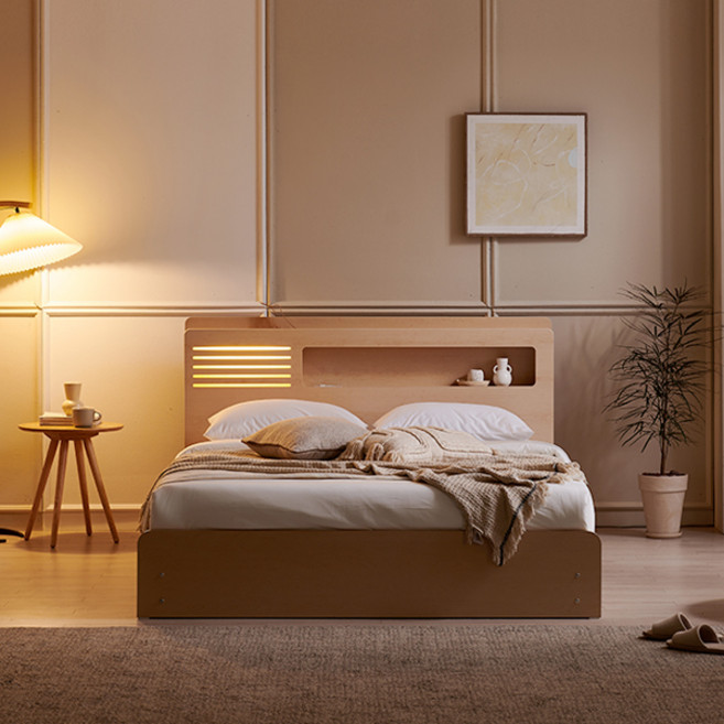 상일리베가구 호텔 피앙세 LED 멀티수납 침대 본넬 매트리스 세트 SSQK, 메이플