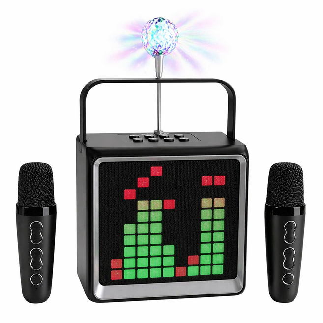 [고출력] 머레이 가정용 노래방 기계 휴대용 블루투스 스피커 듀얼 마이크 기기 세트 led 미러볼, 블랙 + 미러볼 1개