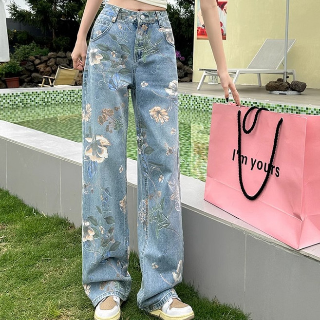 쁘띠꼬모 여성 플라워 포인트 와이드 데님 팬츠 하이웨스트 일자 청바지 H501402