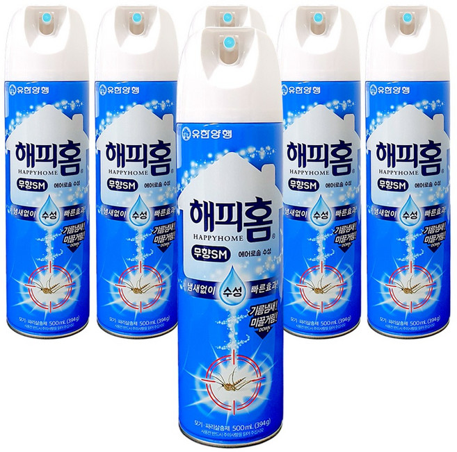 해피홈 유한양행 에어로솔 수성 살충제 무향, 500ml, 6개