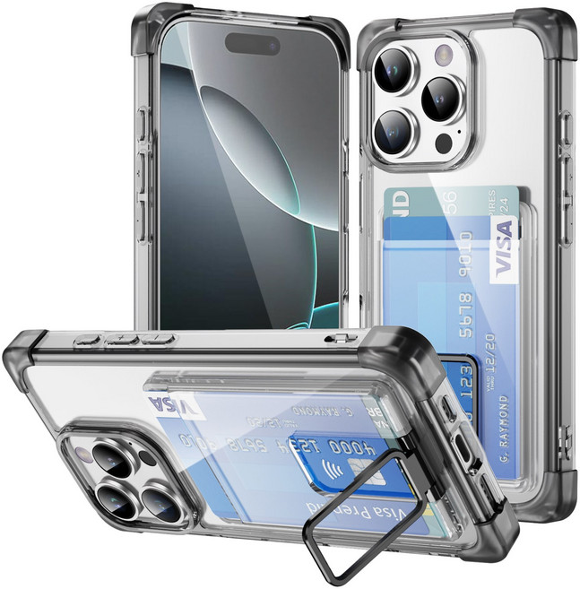 아칸크 애플 아이폰 16프로 카드 포켓 변색방지 투명 젤하드 범퍼 스탠드 거치대 휴대폰 케이스