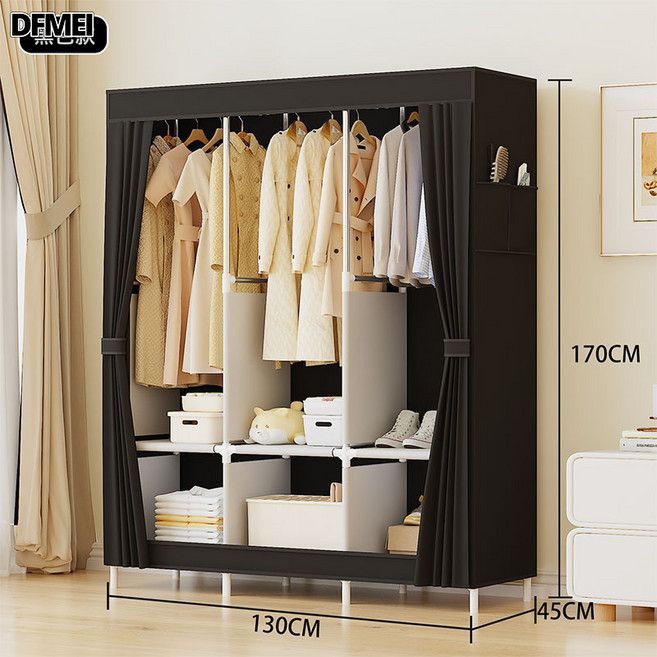 DFMEI 加固簡易衣櫃收納衣櫥防塵衣櫃宿舍鋼架組合簡約現代櫃子工廠, C款黑色(整箱起):如圖