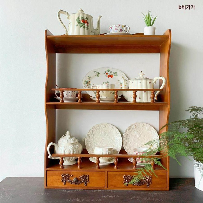 빈티지 엔틱 벽선반 선반 컵 주방 원목 접시 벽걸이, 1단, 라지 월넛