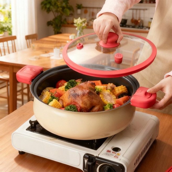 Oyoson 진공저압냄비 전골냄비 인덕션 겸용 2-4인용 진공 냄비, 1개, 베이지, 27cm