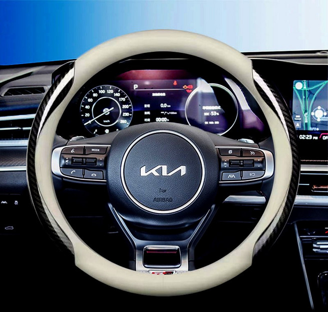 기아 전차종 호환 프리미엄 나파 가죽 카본 핸들커버, 원형(K-02), 베이지 카본