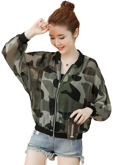 ROYALBELLE 여성 쉬폰 자외선 차단 점퍼 빅사이즈 가오리소매 숏 재킷 카모 자켓 Y033104