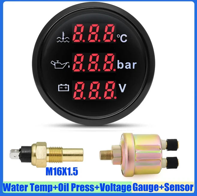 쿠쿠스토어 자동차 3 IN 1 52mm 게이지 수온 + 오일 압력 알람이있는 볼트 빨간색 LED 디지털 센서 12V24V, 10 M1X1.5 BN
