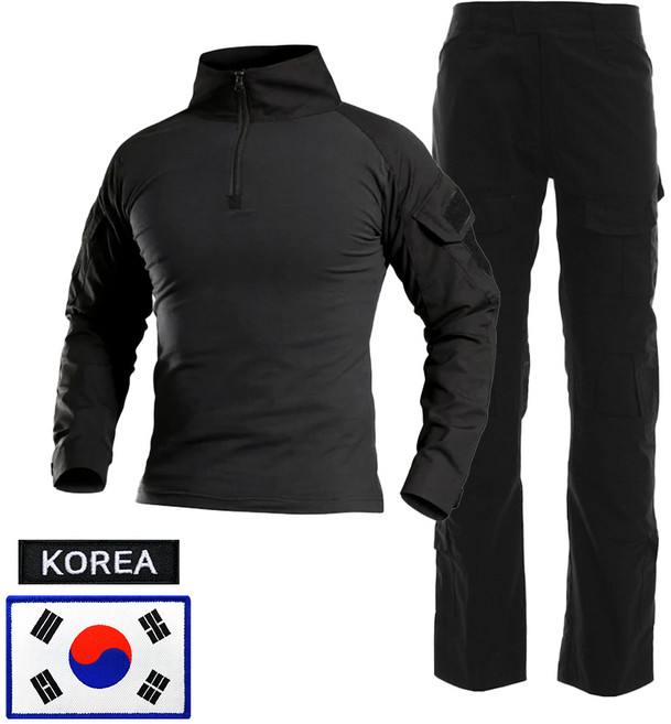SET 택티컬 전술 컴뱃셔츠 긴팔+팬츠 세트 - 아웃도어 군인 간부 강철부대 캠핑 카고 바지, 검정