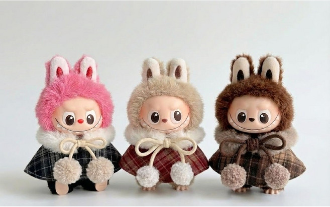 라부부 4 세대 체크 망또와 퍼 목도리 세트 라부부미니, 1개, 레드