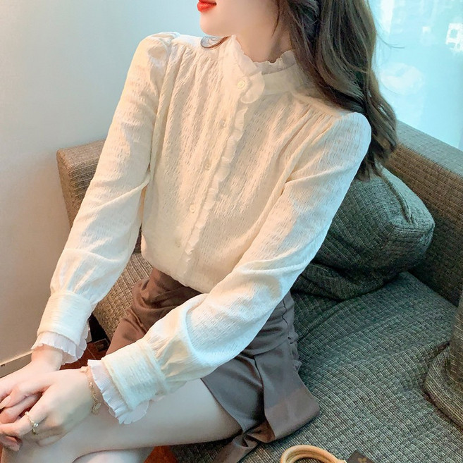 DUOMIHAN여성 레이스 블라우스 프릴넥 퍼프 소매WZS60301