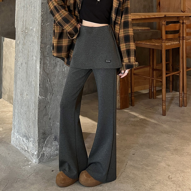 ANYOU 여성 바지 치마 바지 일체형 스판 슬렉스 세미와이드 나팔 바지