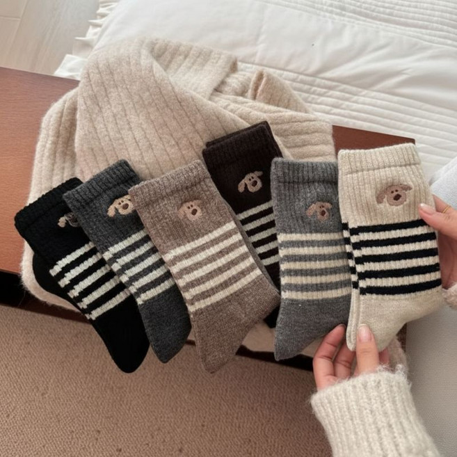 겨울 따뜻한 두툼 여자 니트 양말 세트 6켤레 강아지 캐릭터