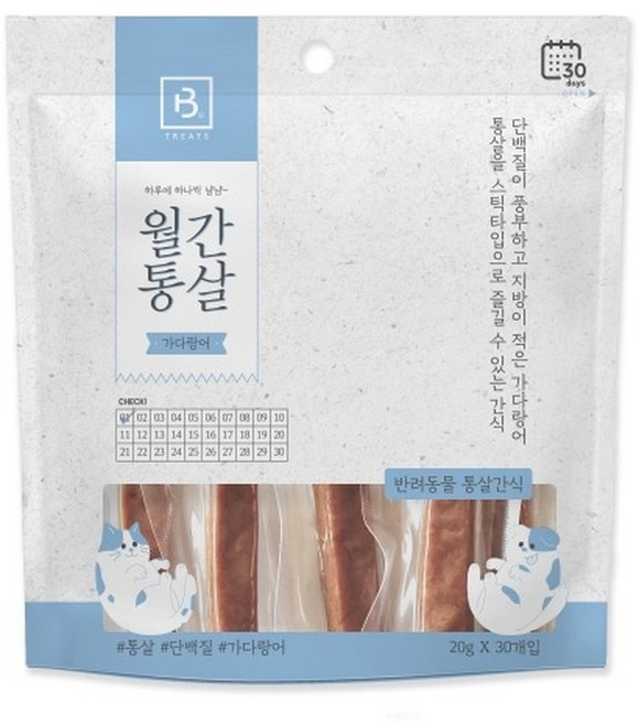 브리더랩 반려동물 월간통살 스틱타입 간식, 혼합맛(닭가슴살/가다랑어), 600g, 30개