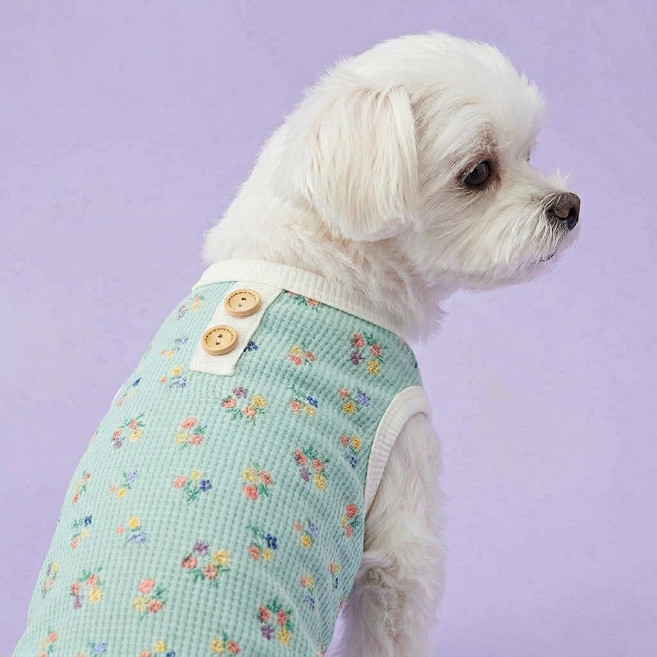 딩동댕독 강아지옷 와플 꽃무늬 애견 티셔츠 실내복, 1개, 민트