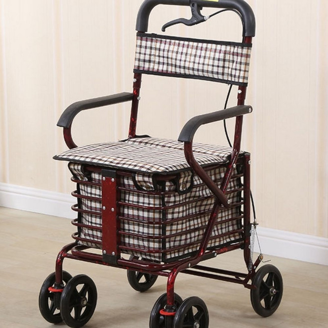 보행기 실버카 053 보조 노인 컴팩트 접이식 카트 두스룬, E. 페달 없는 빨간 더블 휠