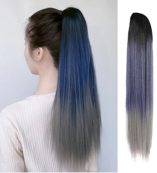 그라데이션 포니테일 가발 집게 붙임머리 묶음머리 컬러 헤어피스 브릿지, 1개, 블루그레이 생머리