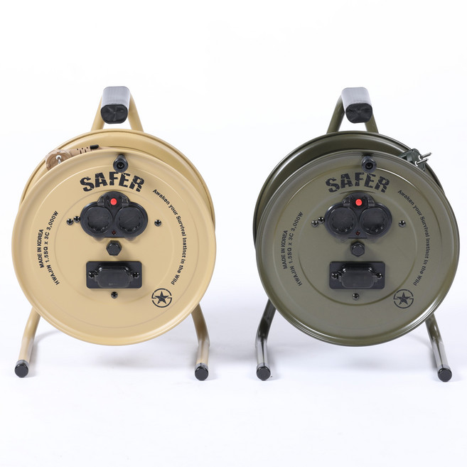 세이퍼 캡형 15m 2구 차단기 릴선 전기 리드선 전기선 작업선 연장선 전선릴, 밀리터리 카키, 1개, 카키, 20m