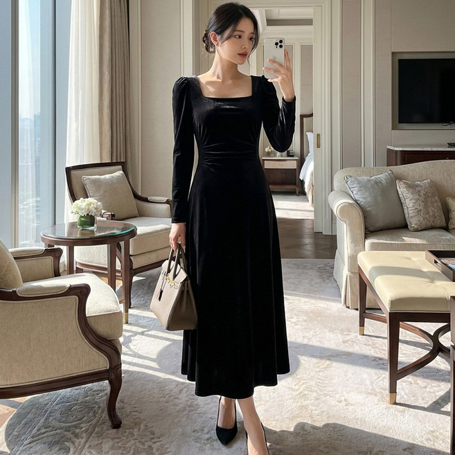 글램디브 디브린 롱원피스 A라인 벨벳 스퀘어넥 AF0599