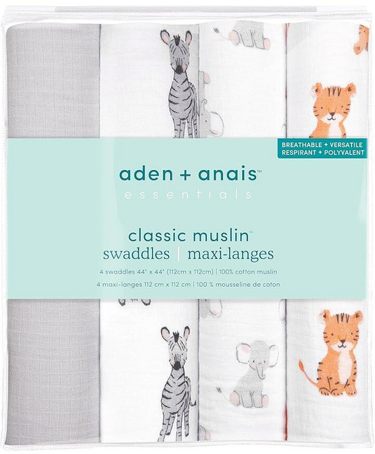 Aden + anais 에센셜 포대기 담요 여아 및 남아용 모슬린 담요 신생아용 속싸개 샤워 용품 유아 선물 웨어러블 스와들 세트 4팩 사파리 베이비
