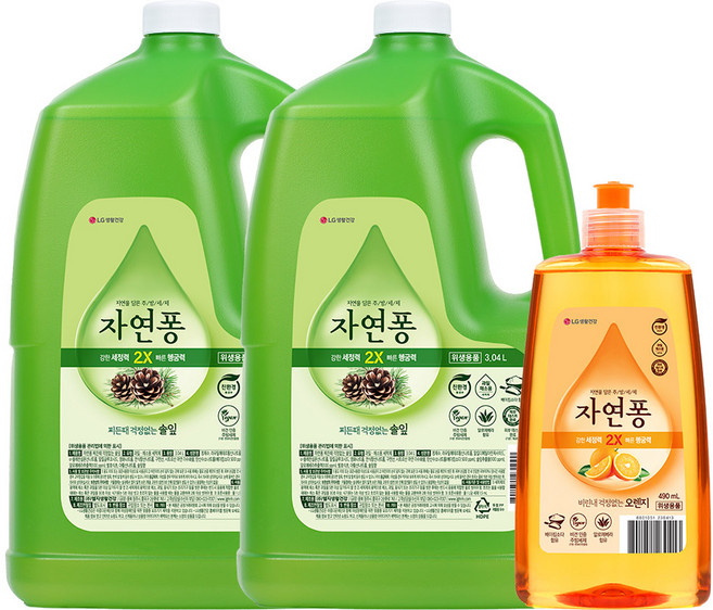 [KT알파쇼핑]자연퐁 주방세제 3L x 2개 (향2종 중 택1) + 490ml 증정, 솔잎