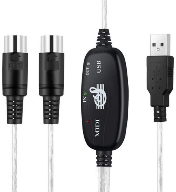 QIANRENON 5핀 MIDI 음악 편집 케이블 1 in Out to USB 어댑터 케이블피아노 키보드PCMac노트북 연결용 실버 2m