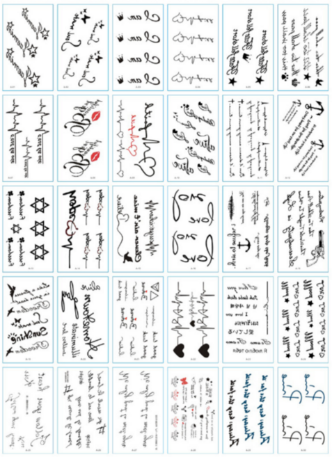 30종 1세트 플라워 미니 어린이 타투 스티커 헤나 문신 나비 영문자 레터링 오래가는 방수 판박이스티커, A, 1개, 1_A(영자)