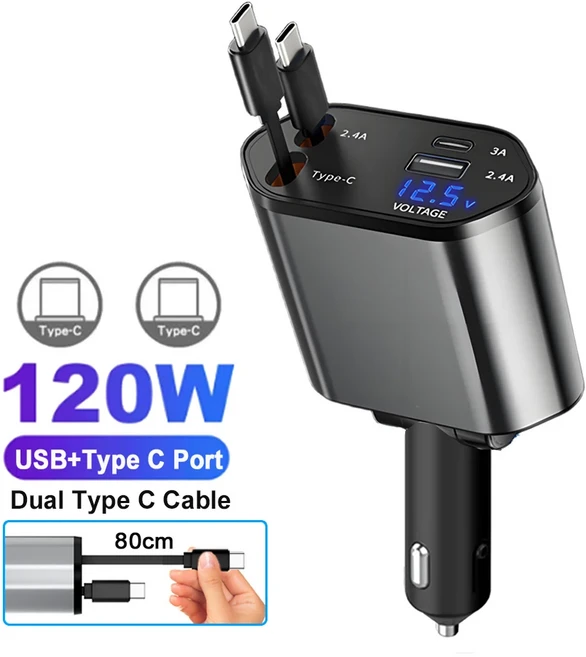 자동차 전화 충전기 어댑터 120W USB 유형 C 고속 케이블(개폐식 코드 포함) iPhone IPad Samsung에 적합한, 02 2 Type C Cable