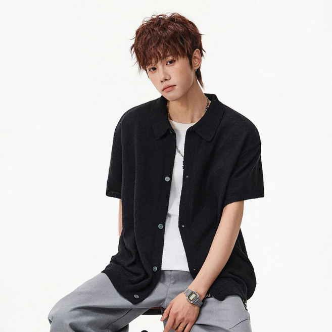 유루 남성용 세미오버핏 부클 반팔 카라 셔츠 니트 가디건 / OC7246