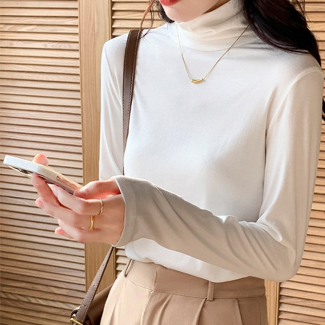 얇은 목폴라 여성 긴팔티셔츠 면 스판 여자 티셔츠