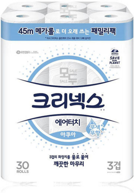 크리넥스 3겹 에어터치 아쿠아 메가롤 45M 30롤x1팩, 30, 1