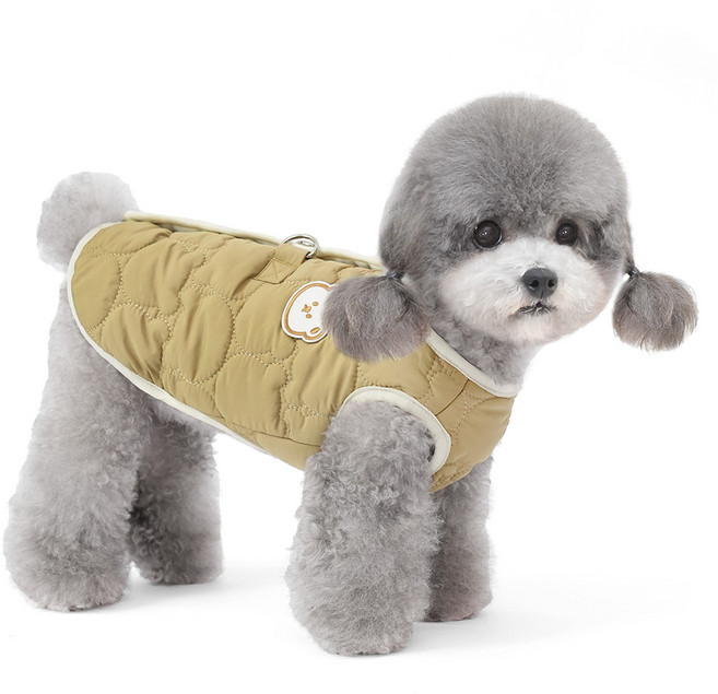 준성펫 곰돌곰돌 D링 누빔 강아지 패딩 조끼 하네스 애견 겨울 옷 아우터 의류, 카키, 1개