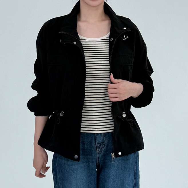 버클 넥 허리 스트링 사선 포켓 집업 야상 바람막이 점퍼