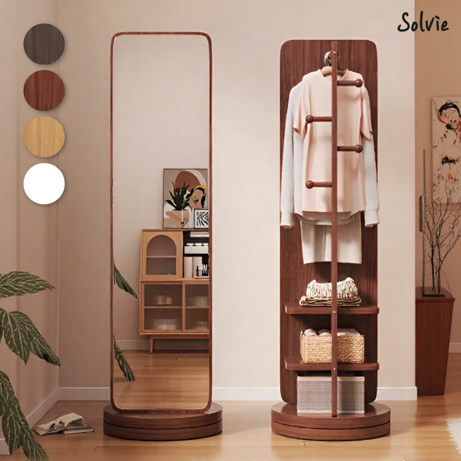 [솔비에] 스탠드 거울 전신거울 행거 수납 원목 수납장 아치형 회전 거울장 틈새 옷걸이, 우드스퀘어