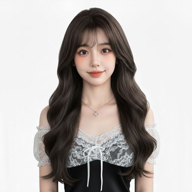 여성 긴머리 빅웨이브 가발 앞머리 통가발 60cm + 가발망 세트_다크 브라운, 1개, 다크브라운