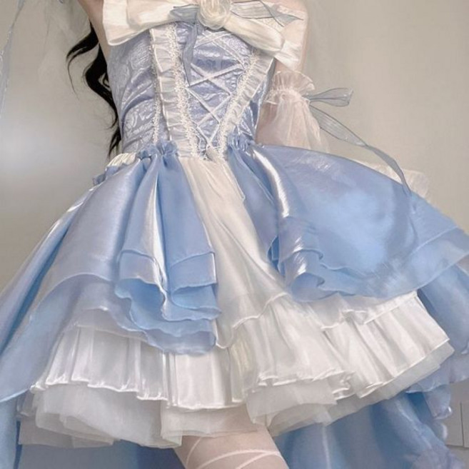 2024 새로운 프랑스어 로맨틱 로리타 우아한 드레스 불규칙한 코스프레 공주 퍼프 슬리브 Bowknot 꽃 메쉬 환상적인 요정