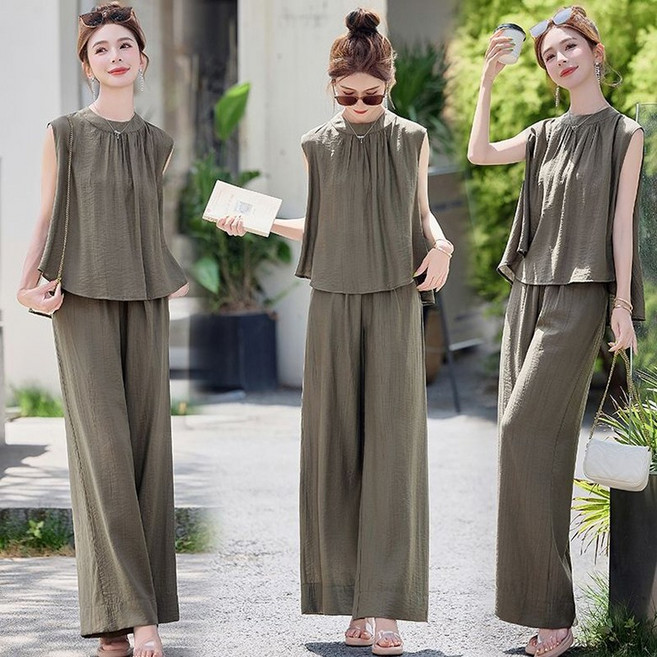 ORZQU 여성용 여름 와이드 팬츠 + 민소매 루즈핏 상의 투피스 세트