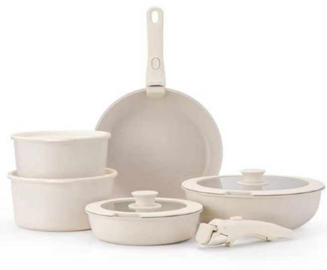미츠키 인덕션용 손잡이 후라이팬 냄비 세트 탈부착식, 아이보리 색상, 1세트, 9종 냄비