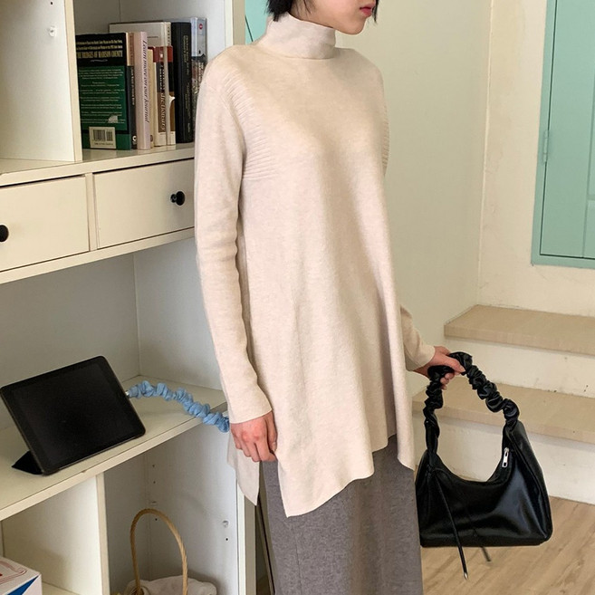 니트코어 여성 루즈핏 빅사이즈 여유 반목 하프넥 목폴라 터틀넥 롱 니트 임부복 임산부티셔츠