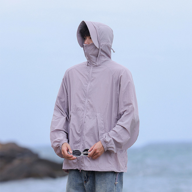夏季男士新款防曬衣戶外寬鬆連帽休閒純色防紫外線時尚百搭外套, L