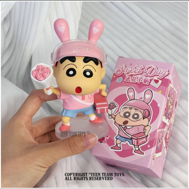 복뚱이]짱구는 못말려 핑크 장미 꽃 배달하는 짱구 선물용 피규어 장식품, 1개