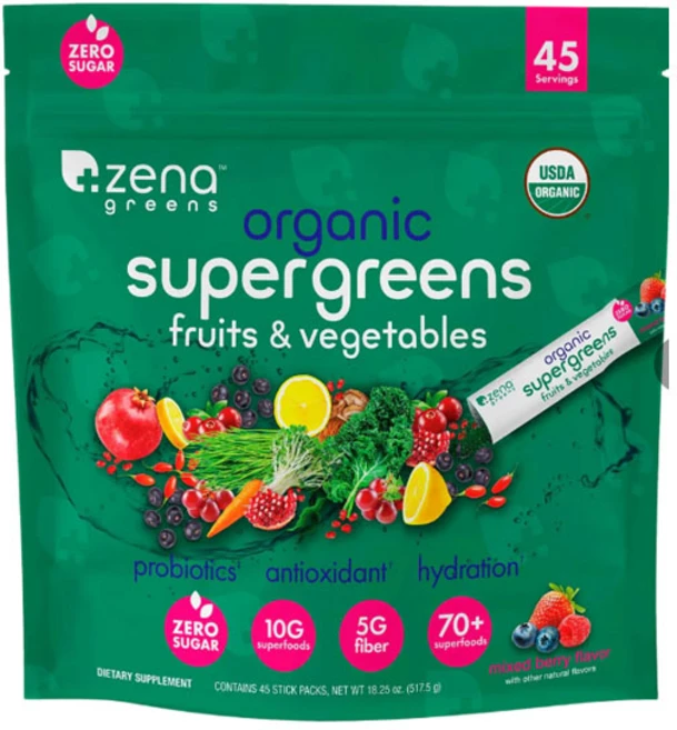 Zena Organic Supergreens Fruits & Vegetables Powder 45 Sticks 제나 유기농 슈퍼그린 과일 야채 파우더 스틱, 1개, 517.5g - 쿠팡
