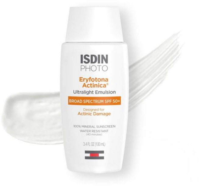 ISDIN 에리포토나 악티니카 산화아연 및 100 미네랄 자외선 차단제 넓은 스펙트럼 SPF 50 화이트 캐스트 없음 민감한 피부에 적합, 1개