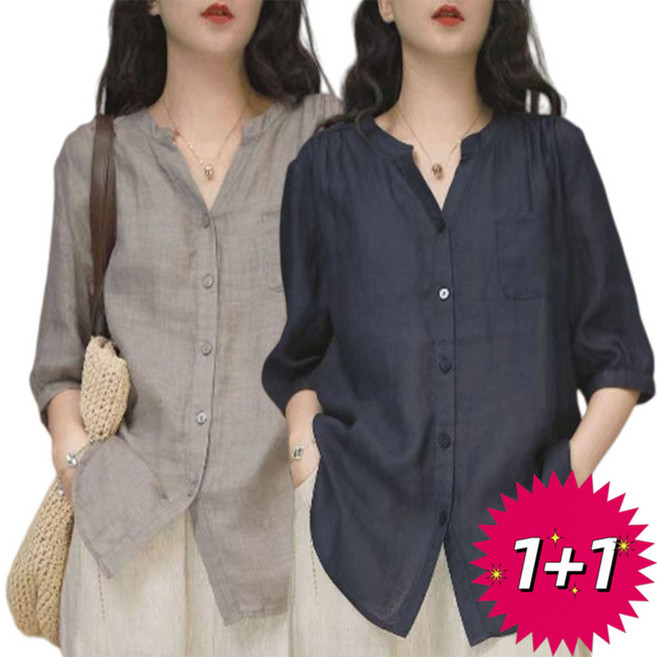 1+1 여성셔츠 블라우스 남방 티셔츠 린넨 셔츠 여성 브이넥 캐주얼 데일리 루즈핏 포켓 썸머 린넨 탑 RTJ26031911 47